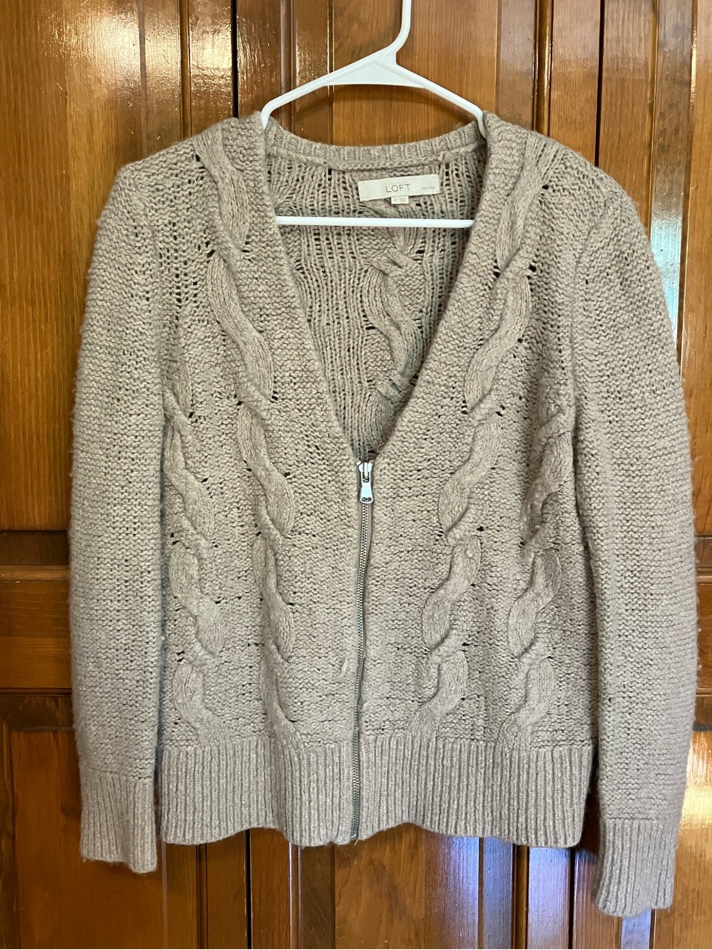 LOFT Taupe Cable Knit Zip Cardigan Worn Once! With FREE Headband OR Earrings:):)
